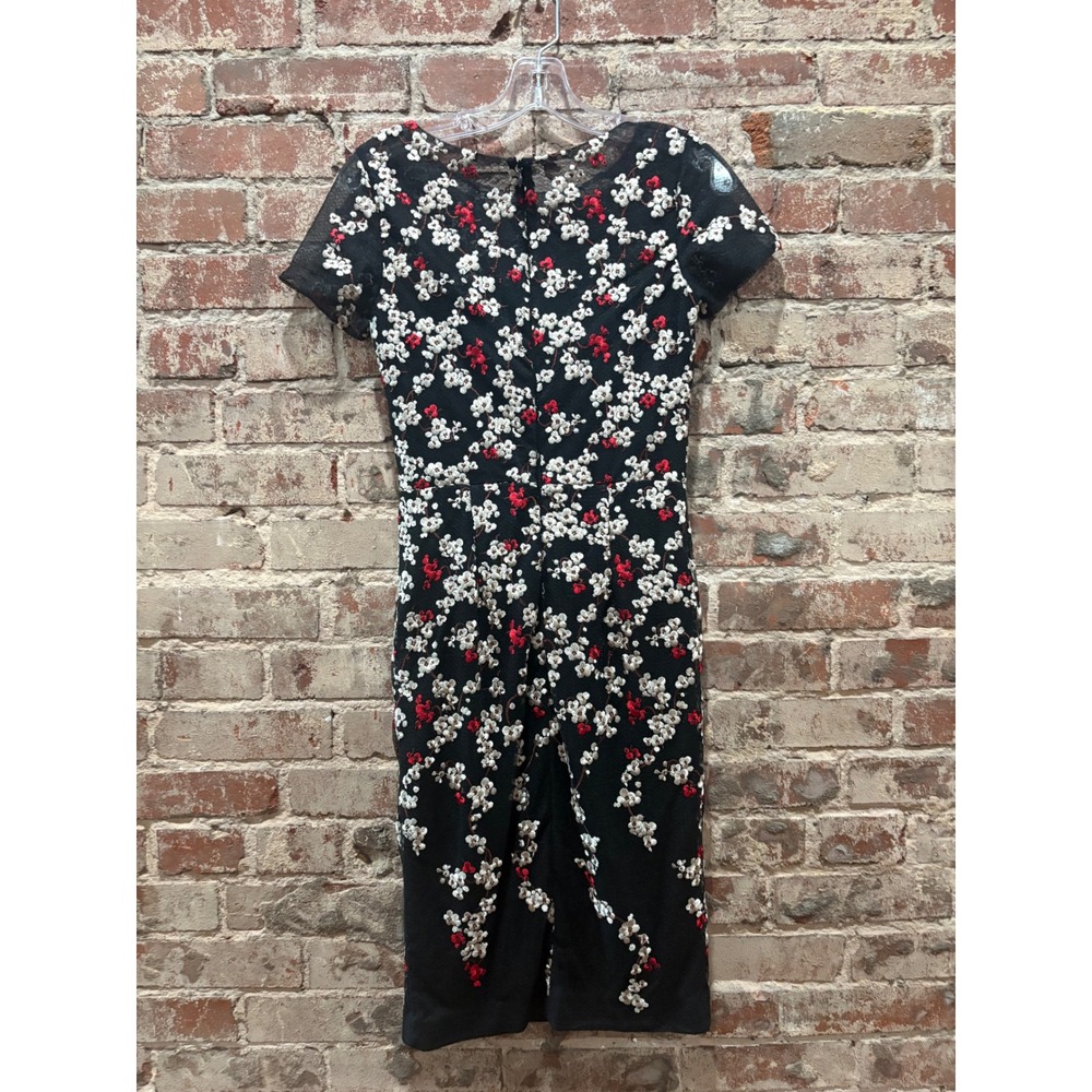 David Meister Falling Petal‎ Embroidered Sheath Dress Black Red White Size 0 - Picture 8 of 9